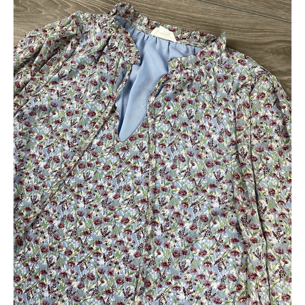 Allison New York Women's Floral Peasant Blouse Long Sleeve Tassel Top Blue Small